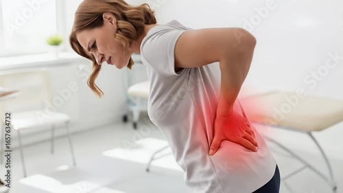 Woman in pain holding her lower back in a medical office