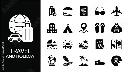A set of black and white travel and holiday icons arranged in two rows against a white background.