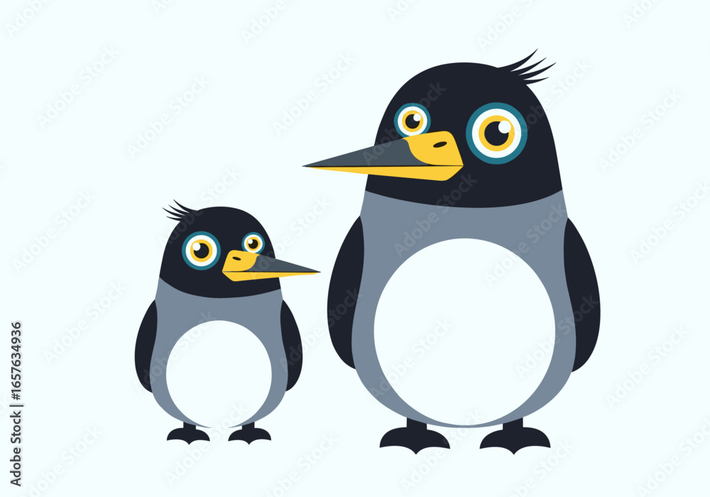 Fototapeta premium Charming cartoon penguins two adorable birds standing side by side their black and white plumage bright yellow beaks and big round eyes create a whimsical and friendly atmosphere
