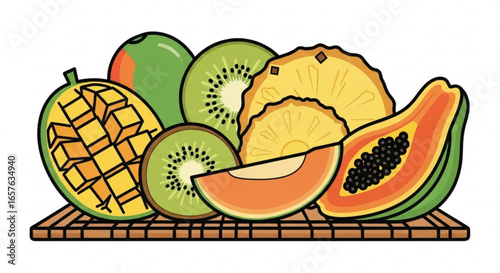 Delicious and fresh tropical fruit platter with mango kiwi pineapple papaya and melon illustration