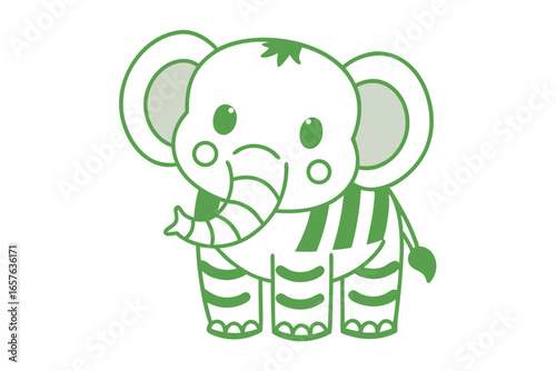 Whimsical green elephant stands cheerfully with playful stripes adorning the cute silhouette
