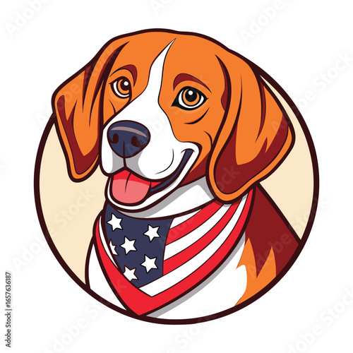 Happy beagle dog in American flag bandana, isolated on white background
