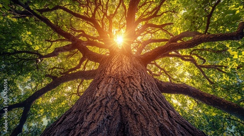 Create an image showing something becoming stronger specifically because of experience. Visualize this through a mature tree with strong new growth. 