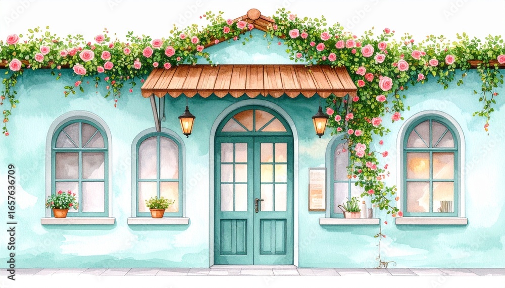 Fototapeta premium 物語の始まり：ターコイズブルーの壁と、ツタが絡まる花々の美しい建物Generated image