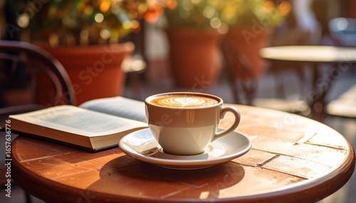 素朴なカフェの風景：温かみのあるテーブルと、ラテアートの入ったカップGenerated image