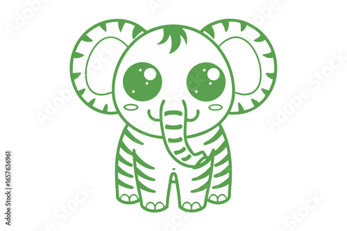 Outlined green cartoon elephant with round eyes and a happy small trunk appears cute