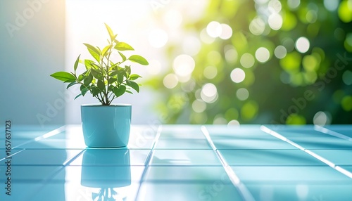 光と影のハーモニー：モダンな空間に佇む、一輪の植物と柔らかな光Generated image