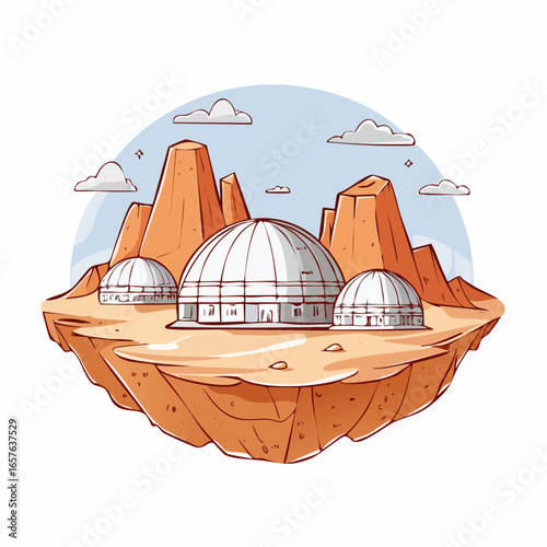 City on Mars with domes and red rock formations during the day