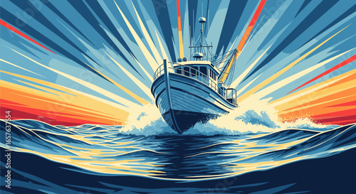 A powerful fishing vessel cuts through dynamic ocean waves under a radiant, stylized sunburst sky.