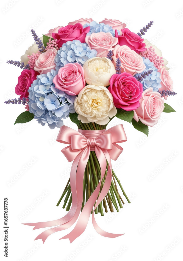 Fototapeta premium Elegant pastel bouquet arrangement with roses hydrangeas peonies and decorative pink ribbon transparent background