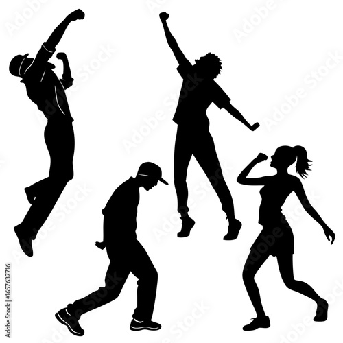 Energetic silhouettes of people dancing and celebrating celebration movement