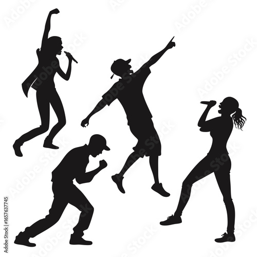 Energetic dancers performing with microphones silhouette dancing