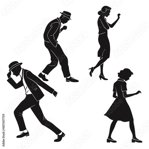 Vintage dancers in silhouette performing energetic moves retro