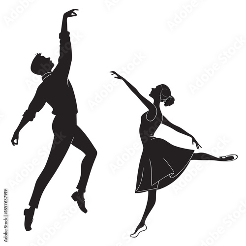 Elegant couple ballet dancers in graceful pose silhouettes black and white