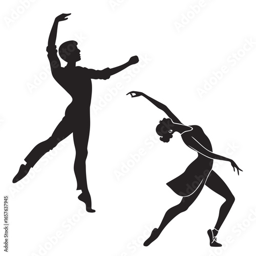 Elegant couple ballet dancers performing graceful poses silhouettes black