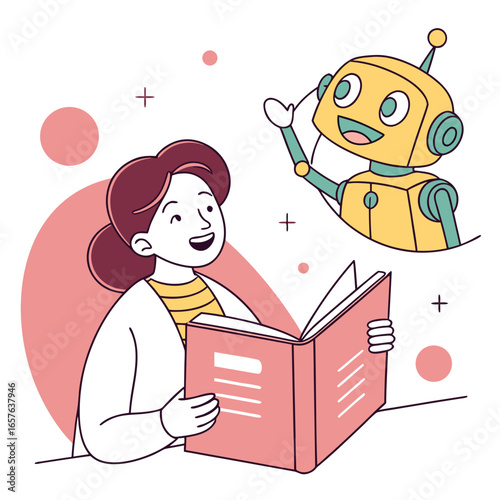 Woman reading book imagining robot friend imagination
