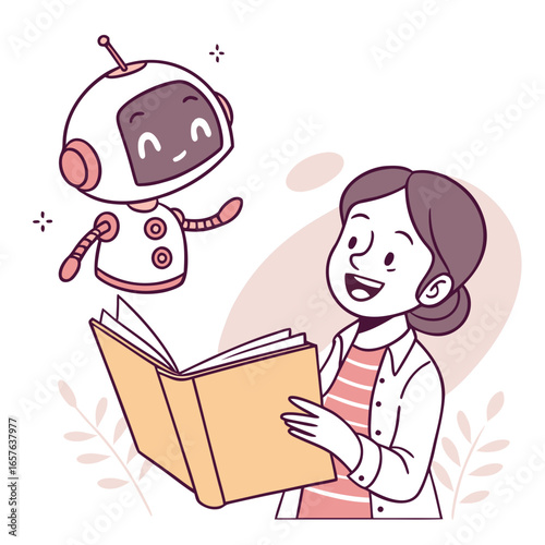 Woman and robot reading book together learning
