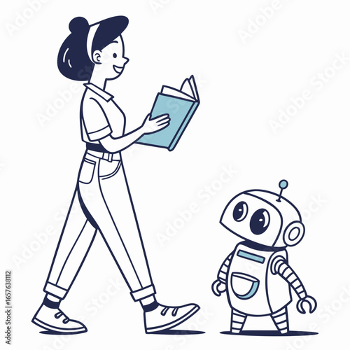 Woman reading book with robot companion vector