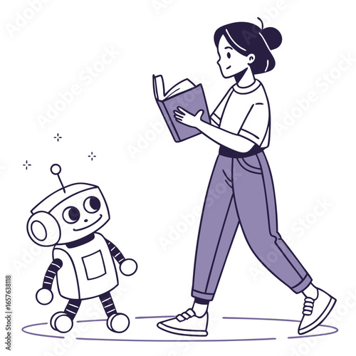 Woman reading book with robot companion vector