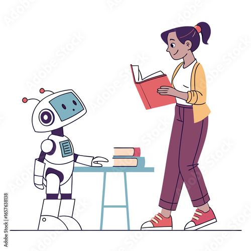 Animated teacher with robot and books learning