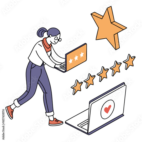 Character interacting with rating stars and laptops feedback