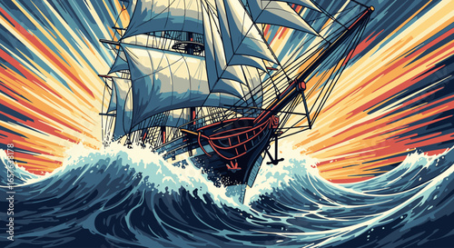 A majestic tall ship sails through a tumultuous sea under a dramatic, radiant sky.