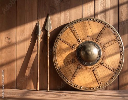 Wooden shield and spears on a wooden wall