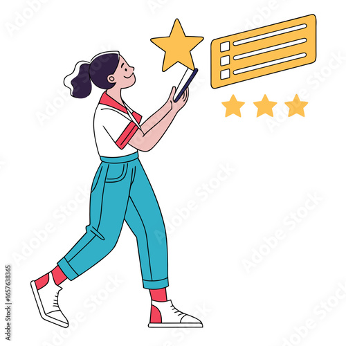 Woman giving star rating on phone online review service evaluation