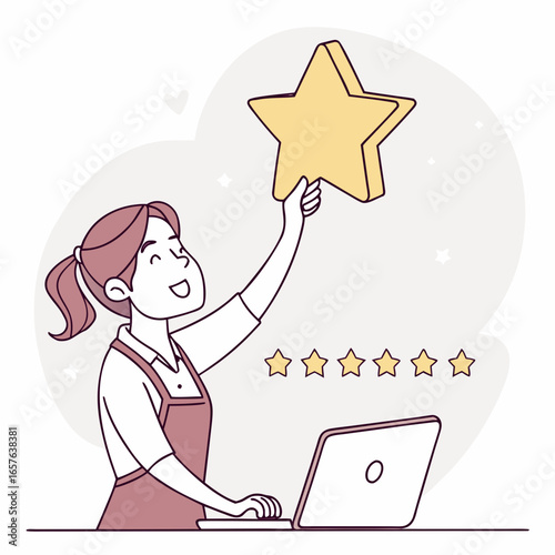Woman holding golden star above laptop with rating stars vector