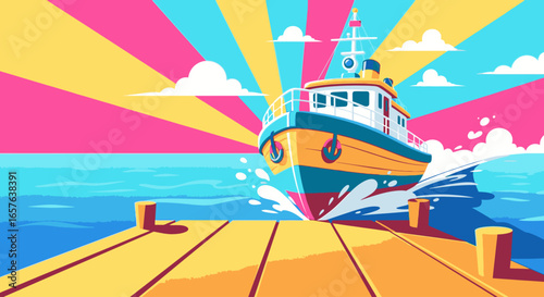 A colorful cartoon boat sails on the sea near a wooden pier under a vibrant sunburst sky.