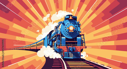 A powerful blue steam locomotive train speeds along a railway track against a vibrant, radiating sunburst background in a stylized illustration.