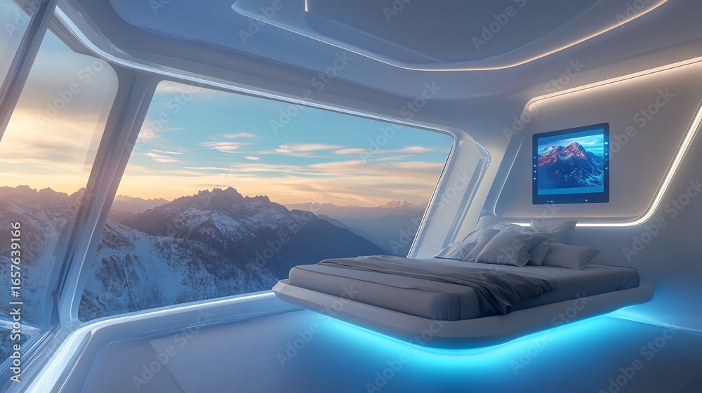Naklejka premium Futuristic bedroom with a levitating bed floor to ceiling smart windows displaying scenic views and ambient blue lighting creating a serene high tech relaxation space
