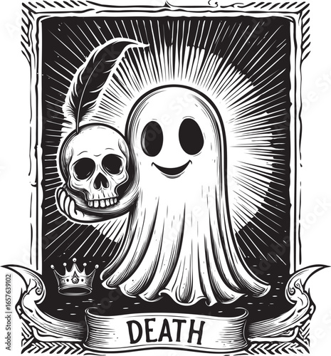 Death Ghost Tarot Card with Skull and Banner in Rays