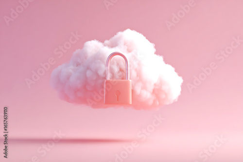 Secure cloud data protection with a padlock floating on a soft pink background