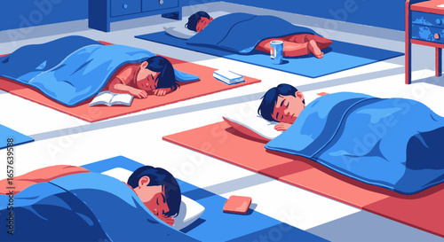 An illustration of several people sleeping on mats on the floor in a communal room, conveying a sense of shared rest or temporary accommodation.