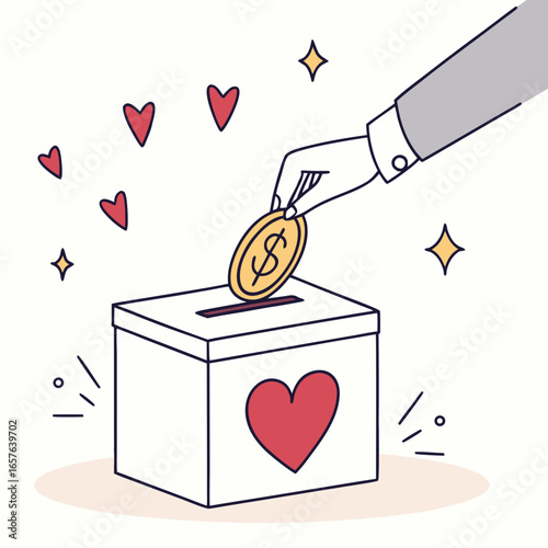 Hand dropping golden coin into donation box with red heart charity giving