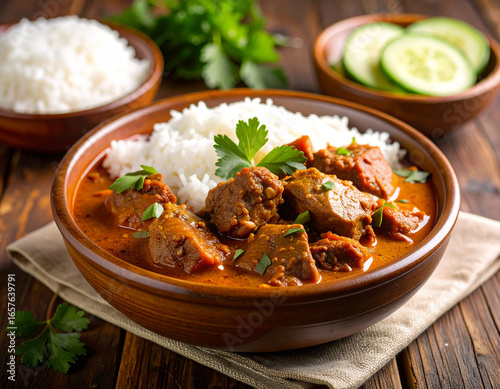 Rustic Wooden Bowl of Hearty Meat Curry with Steamed Rice and Fresh Parsley Garnish.