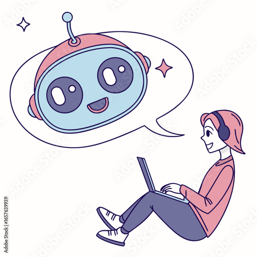 Friendly robot chat bubble above person with laptop chatbot communication