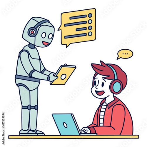 Robot assisting employee with laptop and checklist artificial intelligence