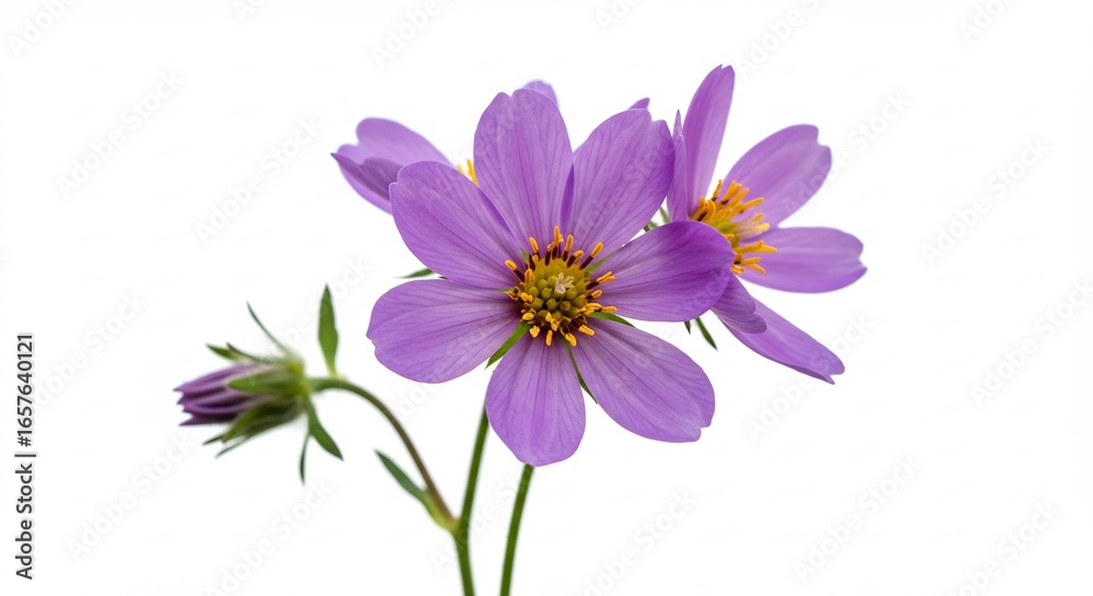Obraz premium Delicate lilac cosmos flowers bloom brightly against a pure white background. AI Generated