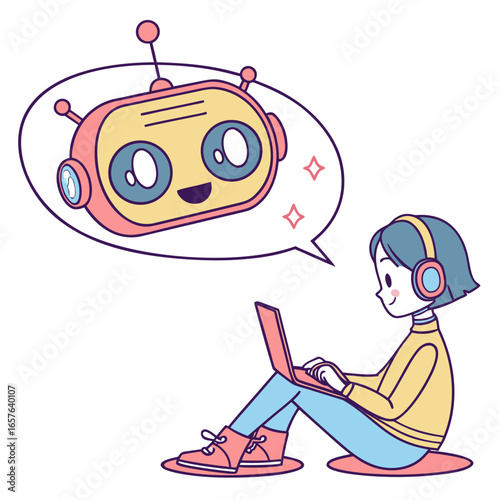 Person with headphones using laptop with friendly robot thought bubble cartoon