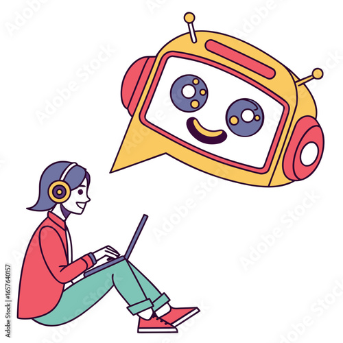 Cheerful robot interacting with person using laptop chatbot technology