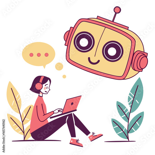 Friendly robot interacting with person using laptop chatbot communication