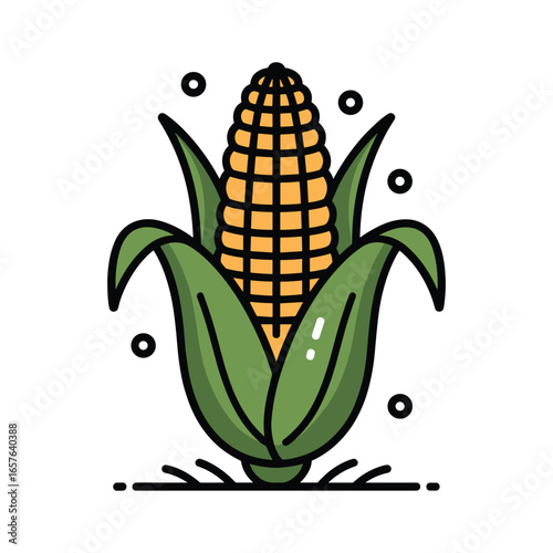 Vector art of a stylized illustration of a ripe corn cob with green husks and kernels, isolated on a autumn vector clipart