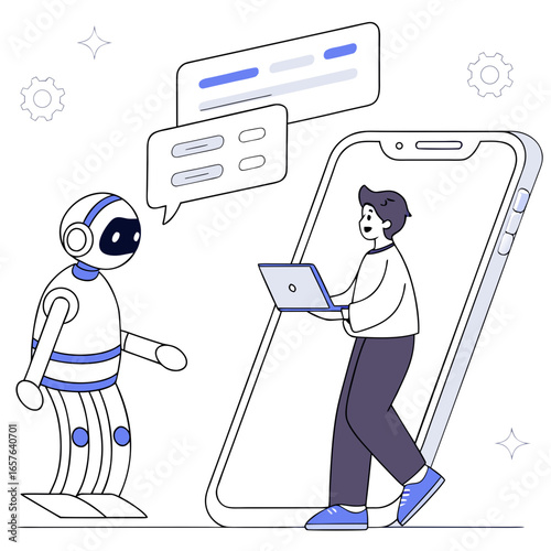 Robot assisting person with laptop inside smartphone interface assistant