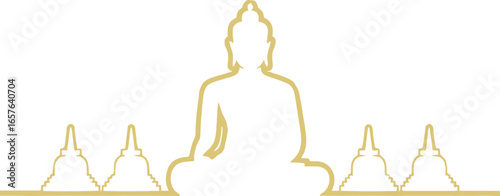 Gold Outline Buddha with Stupas on White Background Serene Meditation