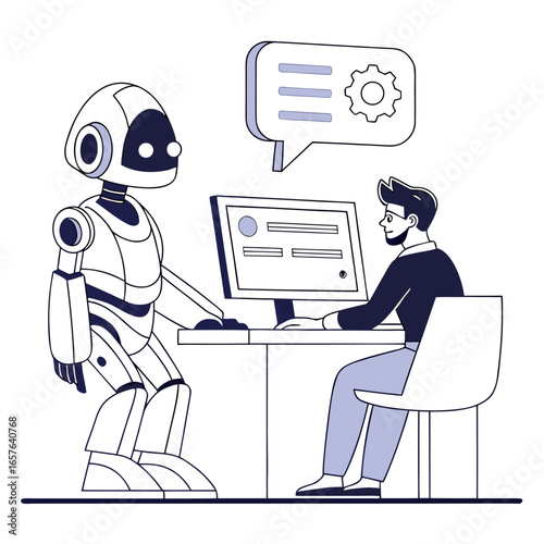 Robot assisting man at computer with digital interface artificial intelligence technology