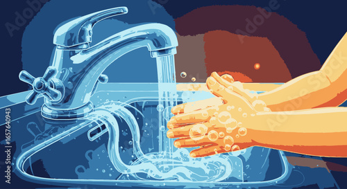An illustration of a person washing their hands with soap and water from a faucet into a sink.
