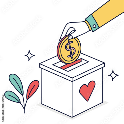 Hand dropping coin into donation box with heart charity giving