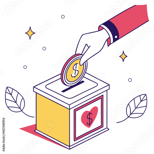 Hand dropping coin into donation box with heart giving charity